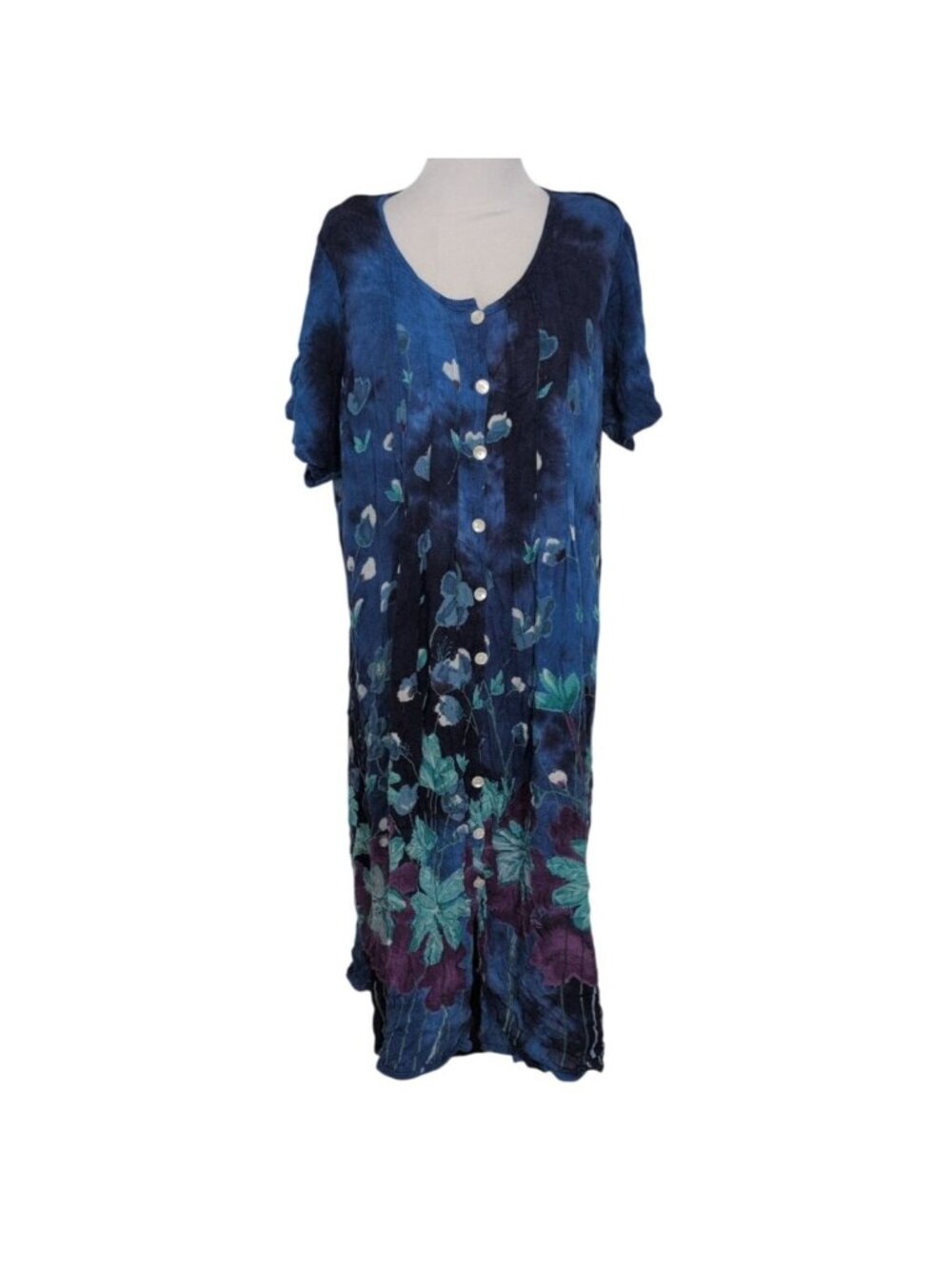 La Cera Floral Midi Dress Womens Size XL Blue Vintage Boho Cottage Button Front